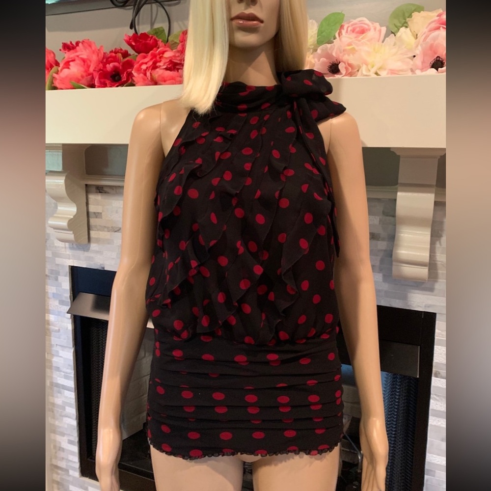 White House Black Market black polka dot neck ties sleeveless blouse Sz Small